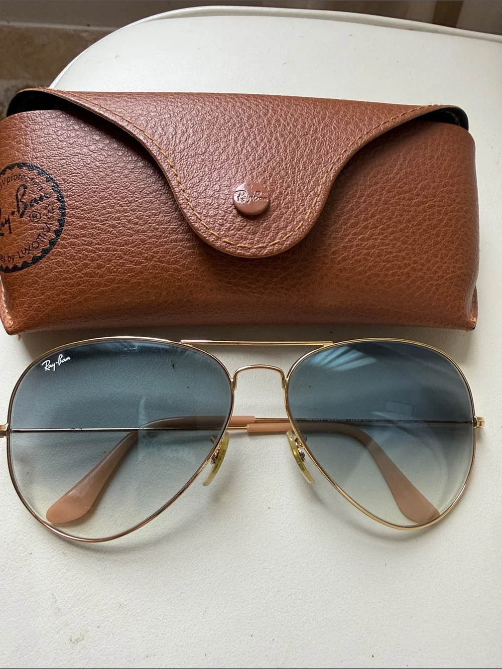 Ray-Ban Gold Frame Sunglasses with Blue Gradient Lenses and Brown Case - Picture 4 of 12